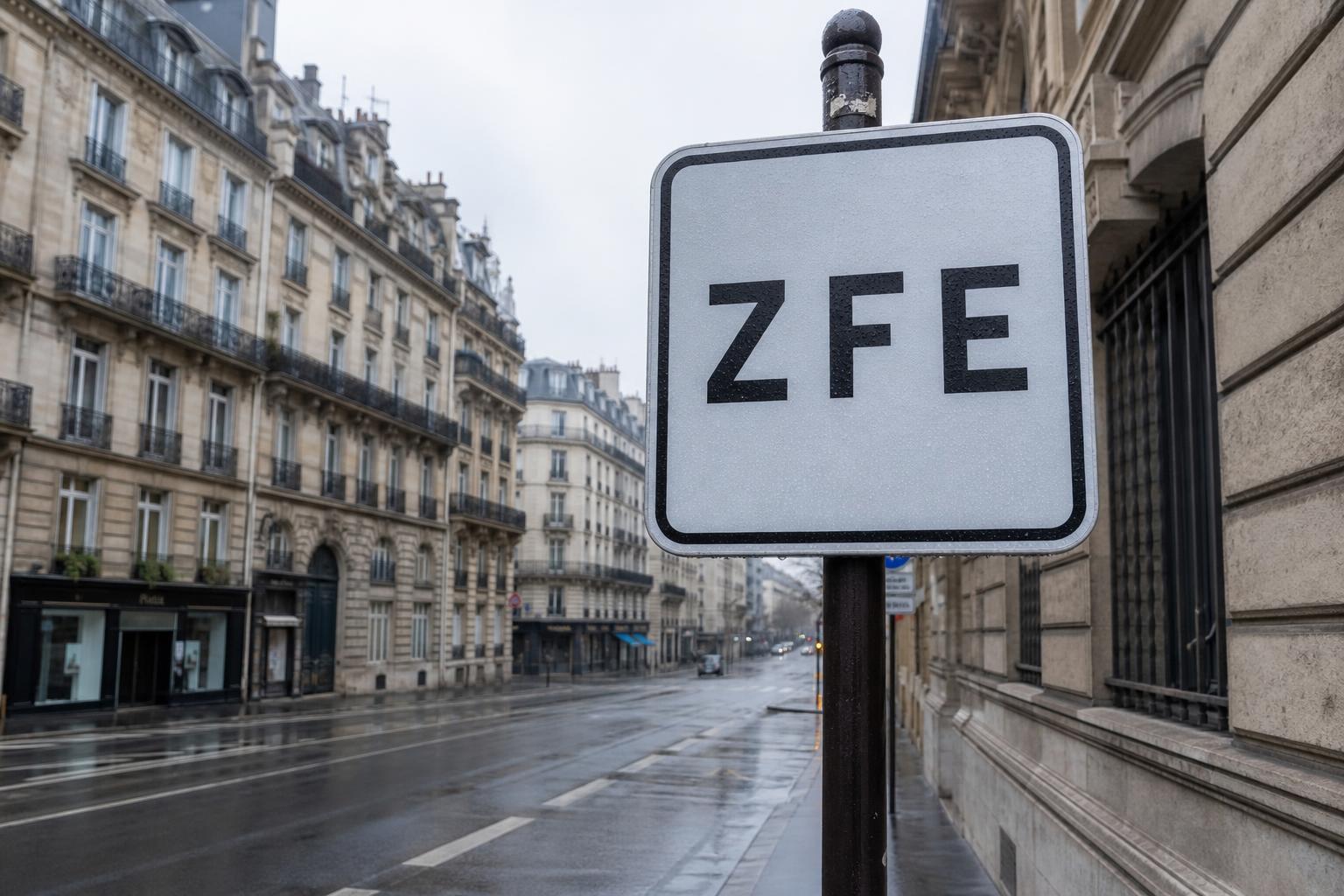 Panneau ZFE dans une rue parisienne déserte sous la pluie