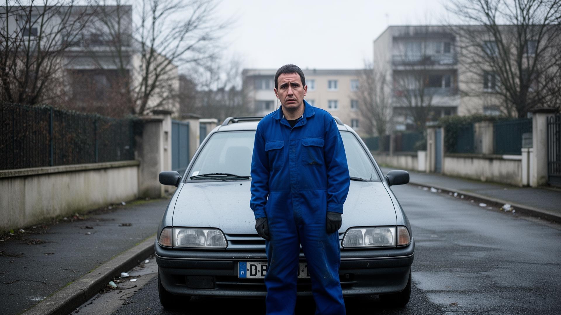 Ouvrier devant sa vieille voiture diesel